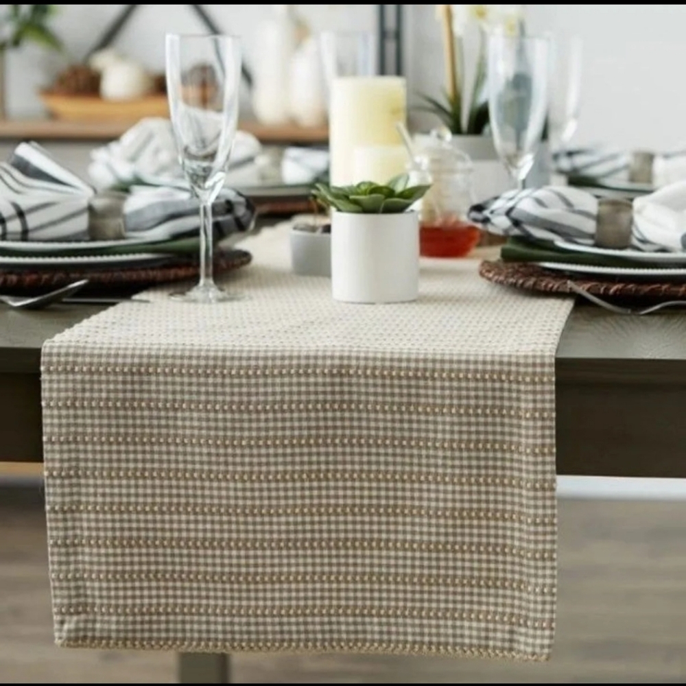 Pier 1 Imports Gingham Cotton Table Runner in Stone 72 x 14 BNWT SO Retired